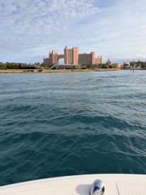 A scenic view of the iconic Atlantis resort from the water, showcasing the beautiful coastline and vibrant architecture — a perfect backdrop for a boating adventure.