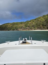 A clear view from the front of a boat cruising towards a lush, green coastline, showcasing the serene waters and natural beauty of the surroundings.