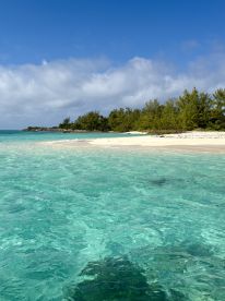 A stunning view of a secluded beach with crystal-clear turquoise waters and lush greenery, perfect for a relaxing getaway or island exploration.