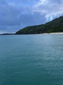 A serene view of a tranquil coastline with lush greenery and calm waters, perfect for showcasing the beauty of nature during a boating adventure.