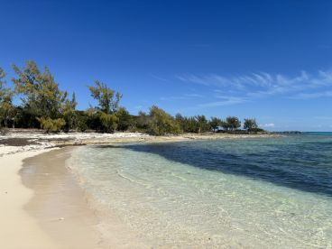 A serene beach scene featuring clear waters and lush greenery, perfect for a relaxing getaway or island exploration.