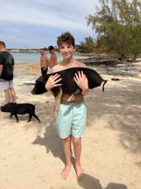 A young boy holds a pig while enjoying a beach day, showcasing the unique experience of interacting with wildlife in the Bahamas.