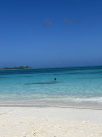 A person enjoys a refreshing swim in the crystal-clear waters of a beautiful beach, showcasing the perfect tropical getaway.