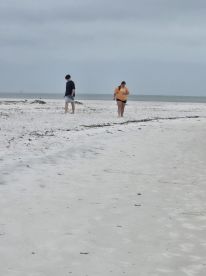 A couple strolls along a serene beach, enjoying the tranquil scenery and soft sands — perfect for a relaxing day by the water.