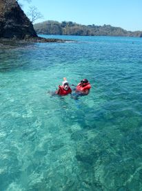 Two snorkelers enjoy the clear waters while exploring the vibrant marine life, making for an unforgettable underwater adventure.