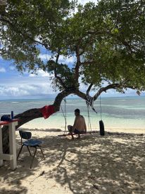 A man enjoys a peaceful moment on a swing under a tree at the beach, capturing the essence of relaxation and scenic beauty.