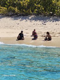 A family enjoys a sunny day at the beach, playing in the shallow water and making memories together — a perfect scene for family outings and beach adventures.