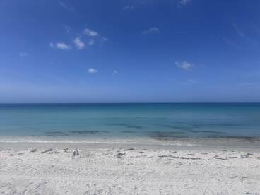 A serene beach scene with clear blue skies and calm waters, perfect for a relaxing day by the shore.