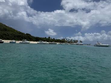 A scenic view of multiple yachts docked along a beautiful shoreline, showcasing the tranquil waters and lush greenery in the background — perfect for a day out on the water.