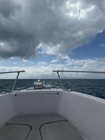 A serene view from the helm of a boat, showcasing comfortable seating and a clear sky above, perfect for enjoying a day on the water.