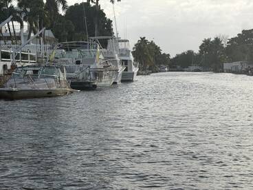 A serene view of several boats docked along a canal, showcasing a mix of vessel types in a tranquil marina setting.
