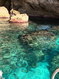 An unclear view of a rocky underwater scene with shimmering water, potentially depicting a coastal cave or snorkeling area.