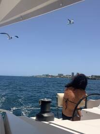 A woman enjoys the view from a boat, with the coastline in the background and seagulls flying overhead — a perfect moment on the water.