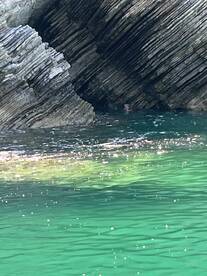 A serene underwater scene featuring a swimmer near stunning rock formations, showcasing the beauty of nature and aquatic adventures.