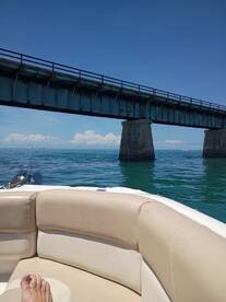 A scenic view from a boat featuring a bridge overhead, showcasing the tranquil waters and clear skies — perfect for a day out on the water.