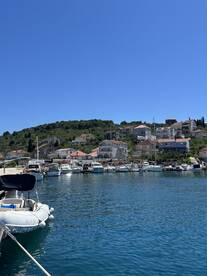 A picturesque view of a harbor filled with various boats, set against a backdrop of charming hillside homes under a clear blue sky.