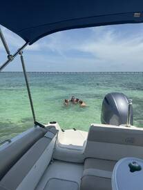 A lively group enjoys a sandbar stop, swimming in clear waters while the pontoon boat provides a perfect backdrop for fun in the sun.