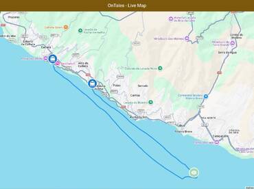 Map showing a coastal area with various landmarks and routes, useful for navigation and planning boat trips.