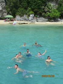A lively group enjoys a refreshing swim in crystal-clear waters, surrounded by a beautiful beach backdrop — perfect for summer fun and relaxation.