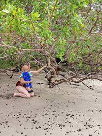 A mother and child explore a beach, interacting with nature among the trees — a perfect family adventure in a tropical setting.
