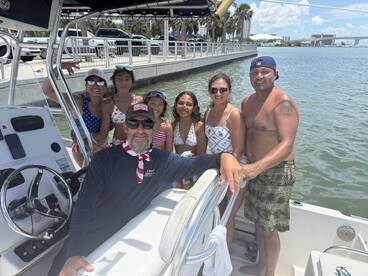 A joyful family poses together on a boat, capturing a fun day out on the water. Perfect for family outings and summer adventures.