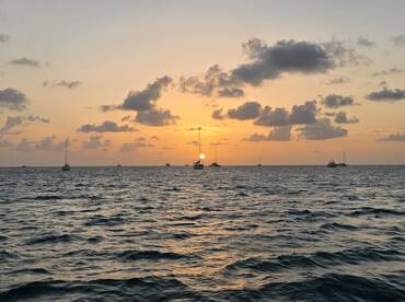 A serene sunset view over the ocean with multiple sailboats silhouetted against the vibrant sky, perfect for capturing the beauty of maritime tranquility.