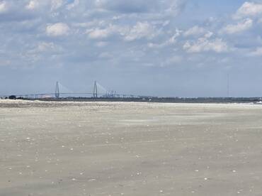 A distant view of a bridge and shoreline, with unclear details and no identifiable subjects.