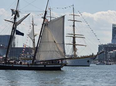 A vibrant scene featuring tall ships sailing in a marina, showcasing the beauty of maritime celebrations and the excitement of sailing events.