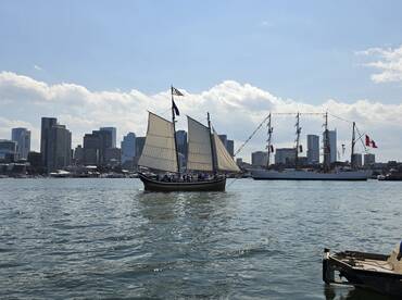 A picturesque view of two sailing ships navigating the harbor with a stunning city skyline in the background, showcasing the vibrant maritime culture.