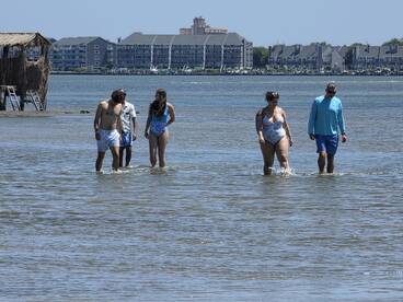 A group of friends enjoys a sunny day wading in shallow waters, perfect for a fun beach outing or summer adventure.