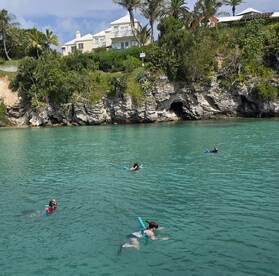 A group enjoys snorkeling in the clear turquoise waters, surrounded by stunning coastal scenery — a perfect day for aquatic adventures.