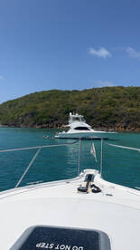 A scenic view of a group enjoying the water near a yacht, with lush greenery in the background — perfect for a day of fun and relaxation on the water.