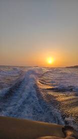 A stunning sunset over the ocean, with waves trailing behind a boat, creating a picturesque scene perfect for evening cruises.