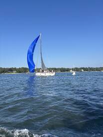 A vibrant sailboat with a striking blue sail glides through the water, showcasing the beauty of sailing on a clear day. Perfect for adventure seekers and sailing enthusiasts.