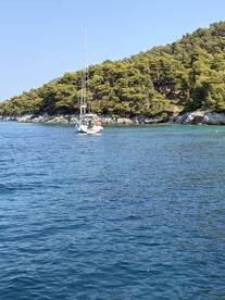 A picturesque sailboat navigates through clear waters, surrounded by lush greenery — an ideal scene for sailing enthusiasts and nature lovers.