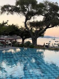 A tranquil scene featuring a pool reflecting the surrounding trees and distant boats, creating a serene atmosphere perfect for relaxation.