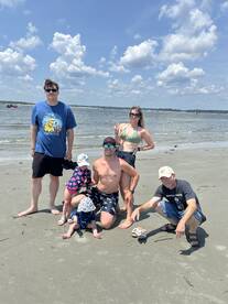 A joyful family enjoys a sunny day at the beach, capturing fun moments together in the sand — perfect for family outings and summer adventures.