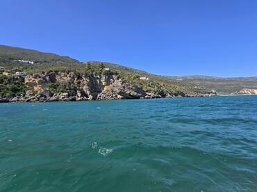 A stunning view of a rugged coastline with lush greenery and clear turquoise waters, perfect for showcasing the beauty of nature during a boating adventure.