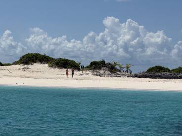A couple strolls along a pristine beach on a secluded island, surrounded by lush greenery and clear turquoise waters — a perfect getaway for relaxation and exploration.
