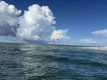 A scenic view of people enjoying the beach and swimming in the ocean, with dramatic clouds overhead, capturing the essence of a perfect day by the water.