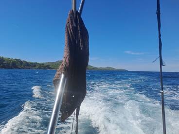 An unclear image featuring a piece of fabric on a boat with a view of the water and shoreline in the background.