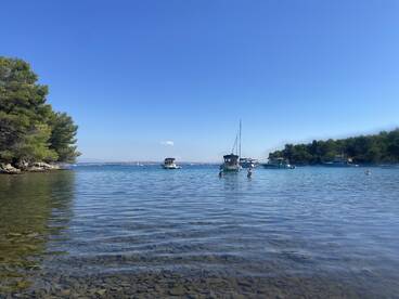 A serene scene of people enjoying a swim among anchored boats in a picturesque bay, perfect for summer outings and relaxation.