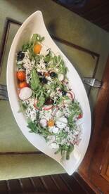 A vibrant salad featuring fresh greens, cherry tomatoes, and radishes, perfect for onboard dining experiences or catering options.