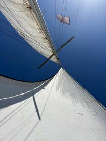 A close-up view of a sail and mast against a clear blue sky, showcasing the intricate details of sailing equipment.