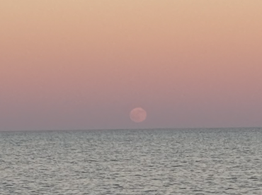 A serene view of the horizon at sunset, featuring a faint moonrise over the water. The soft pastel colors create a tranquil atmosphere.