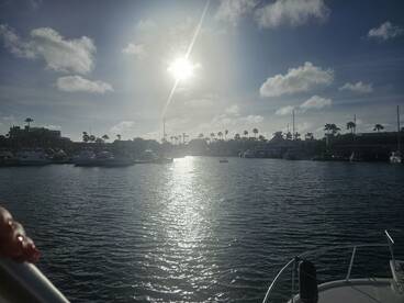 A picturesque view of a harbor at sunset, showcasing boats and palm trees under a vibrant sky — perfect for capturing the essence of a relaxing day on the water.