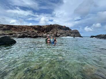A joyful group enjoys a refreshing swim in clear waters surrounded by rocky landscapes, perfect for family adventures and beach outings.