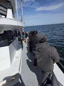 A group of anglers enjoys a fishing trip aboard a boat, casting lines into the open ocean under a clear blue sky.