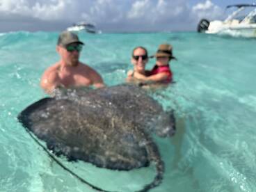 A family interacts with a stingray in shallow turquoise waters, creating a memorable wildlife experience perfect for adventure seekers.