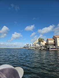 A view of waterfront homes under a clear blue sky, with a hint of a boat in the foreground, creating a serene atmosphere.
